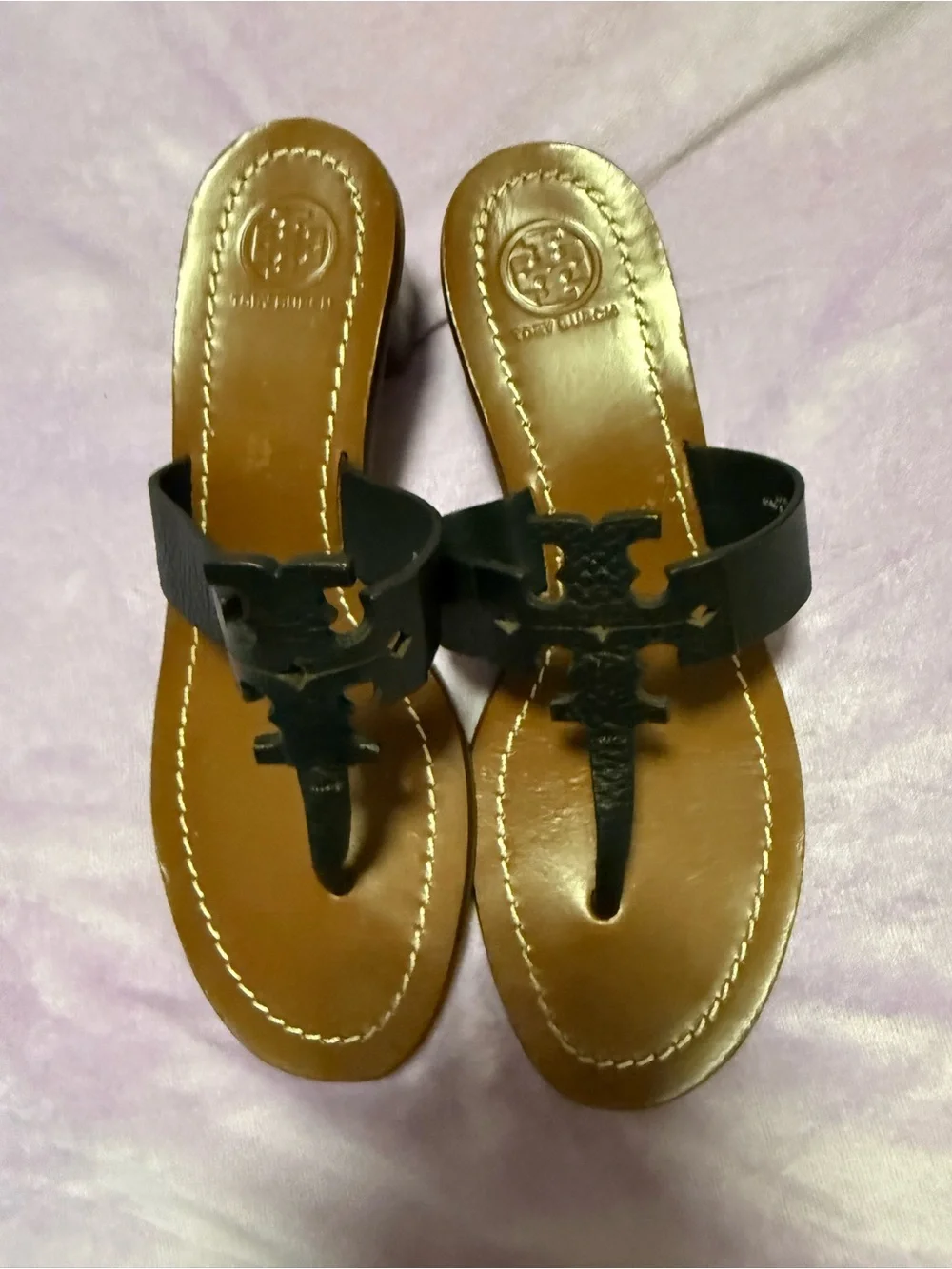 Tory Burch Miller Black Leather Block Heel Sandals Size 7 Like New